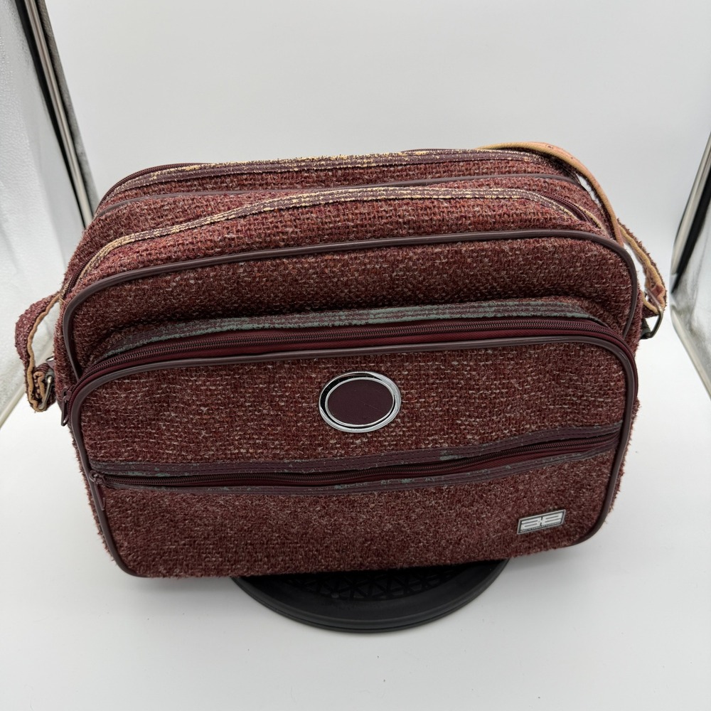 Vintage Amelia Earhart Luggage Burgundy Tweed Carry On Travel Bag Multi Zip AE